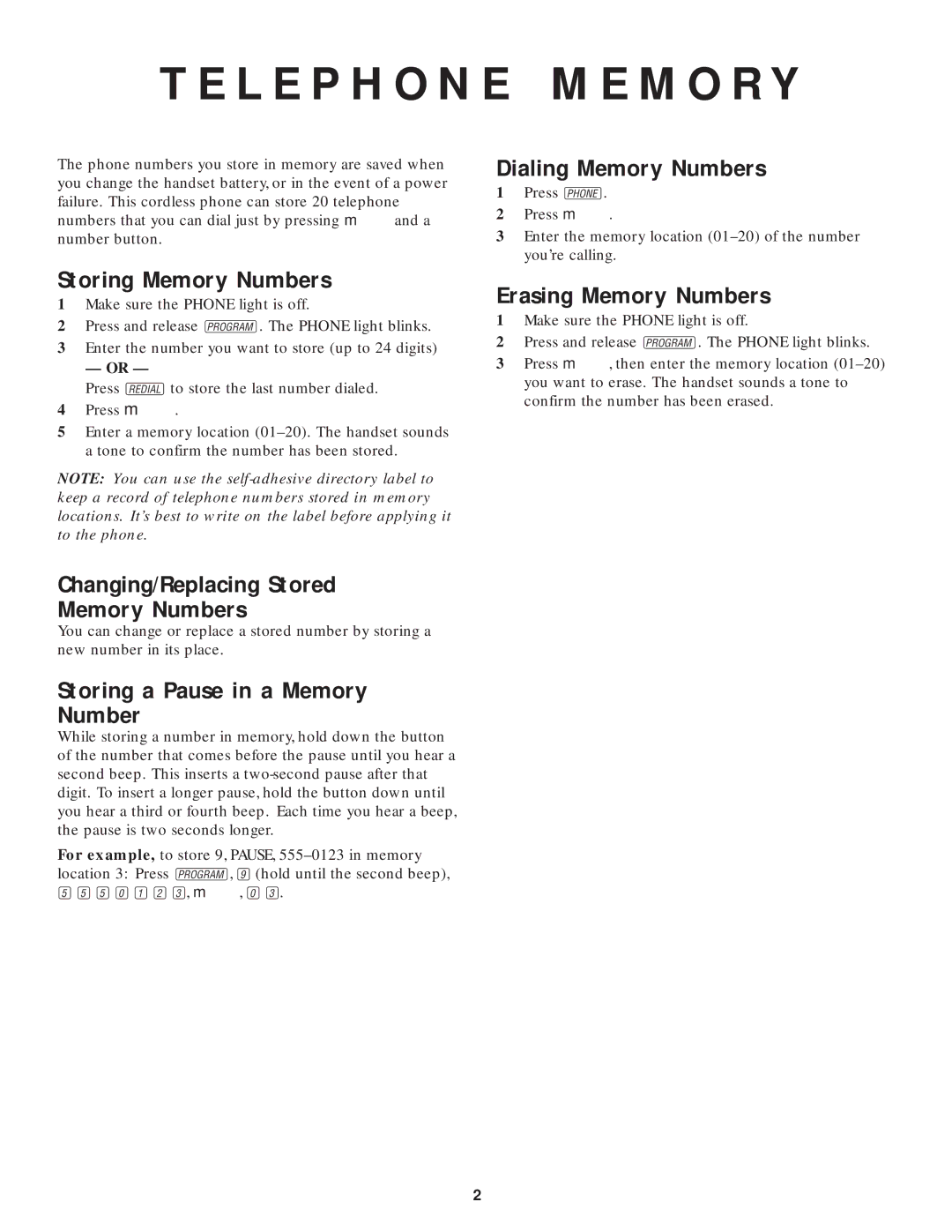 AT&T 9410 user manual L E P H O N E M E M O R Y, Dialing Memory Numbers, Storing Memory Numbers, Erasing Memory Numbers 