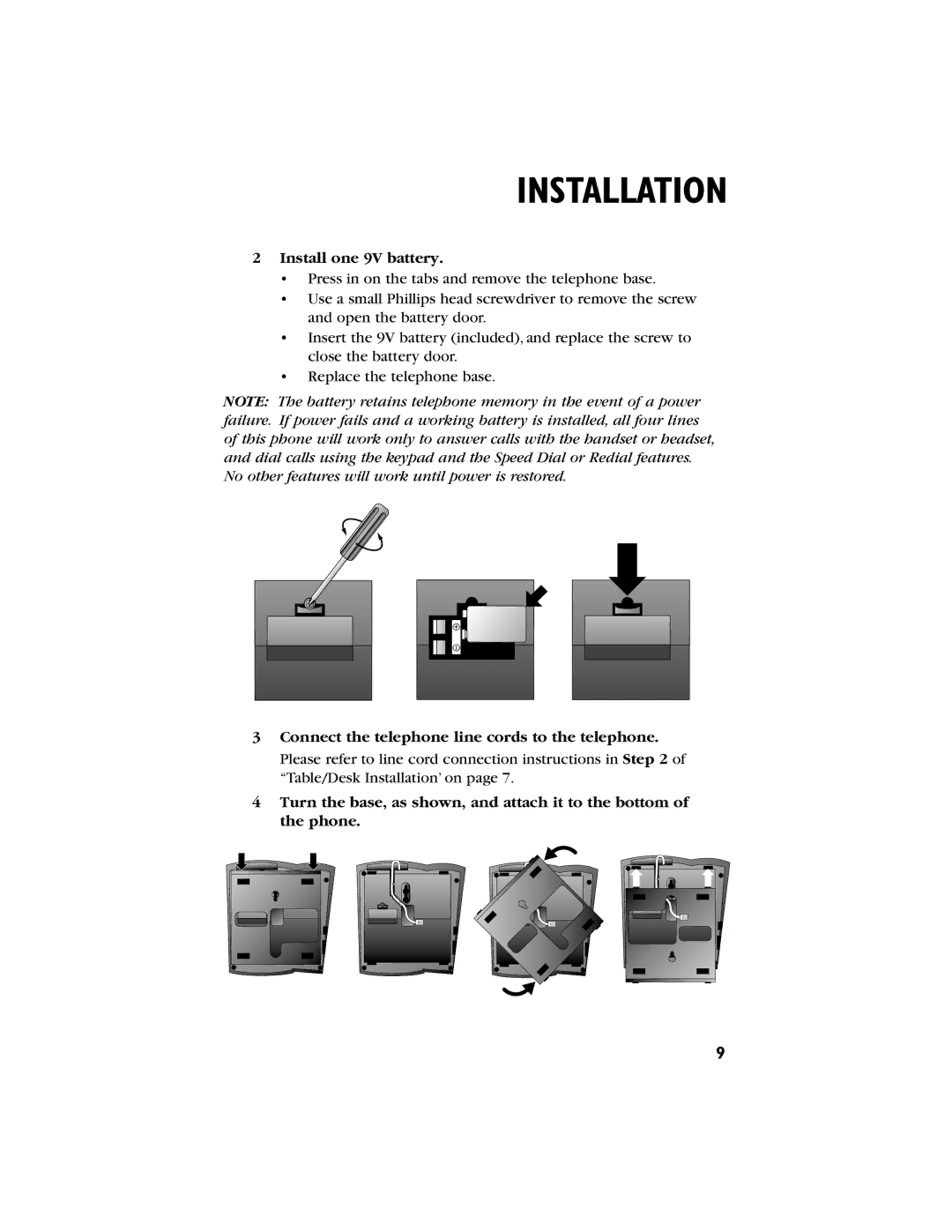 AT&T 944 user manual Install one 9V battery 