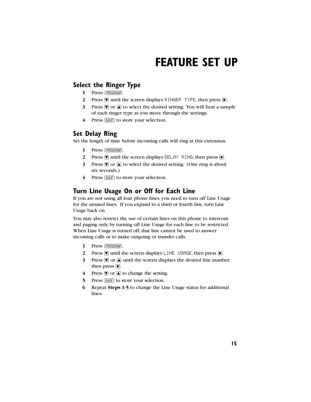 AT&T 944 user manual Select the Ringer Type, Set Delay Ring, Turn Line Usage On or Off for Each Line 