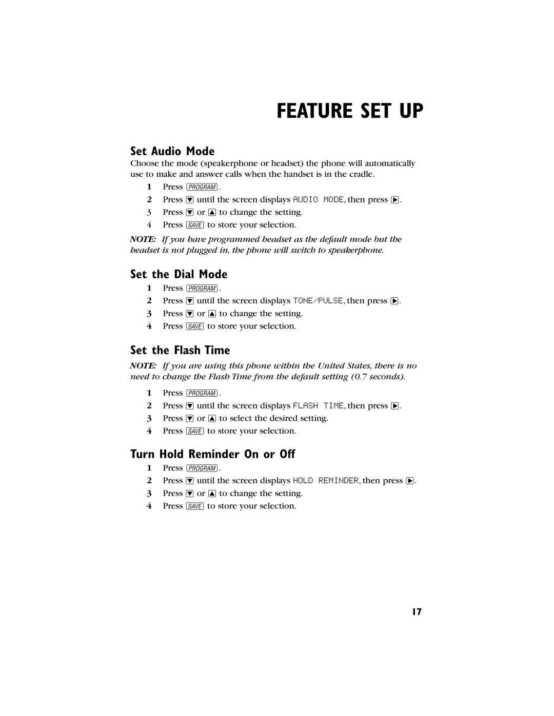 AT&T 944 user manual Set Audio Mode, Set the Dial Mode, Set the Flash Time, Turn Hold Reminder On or Off 