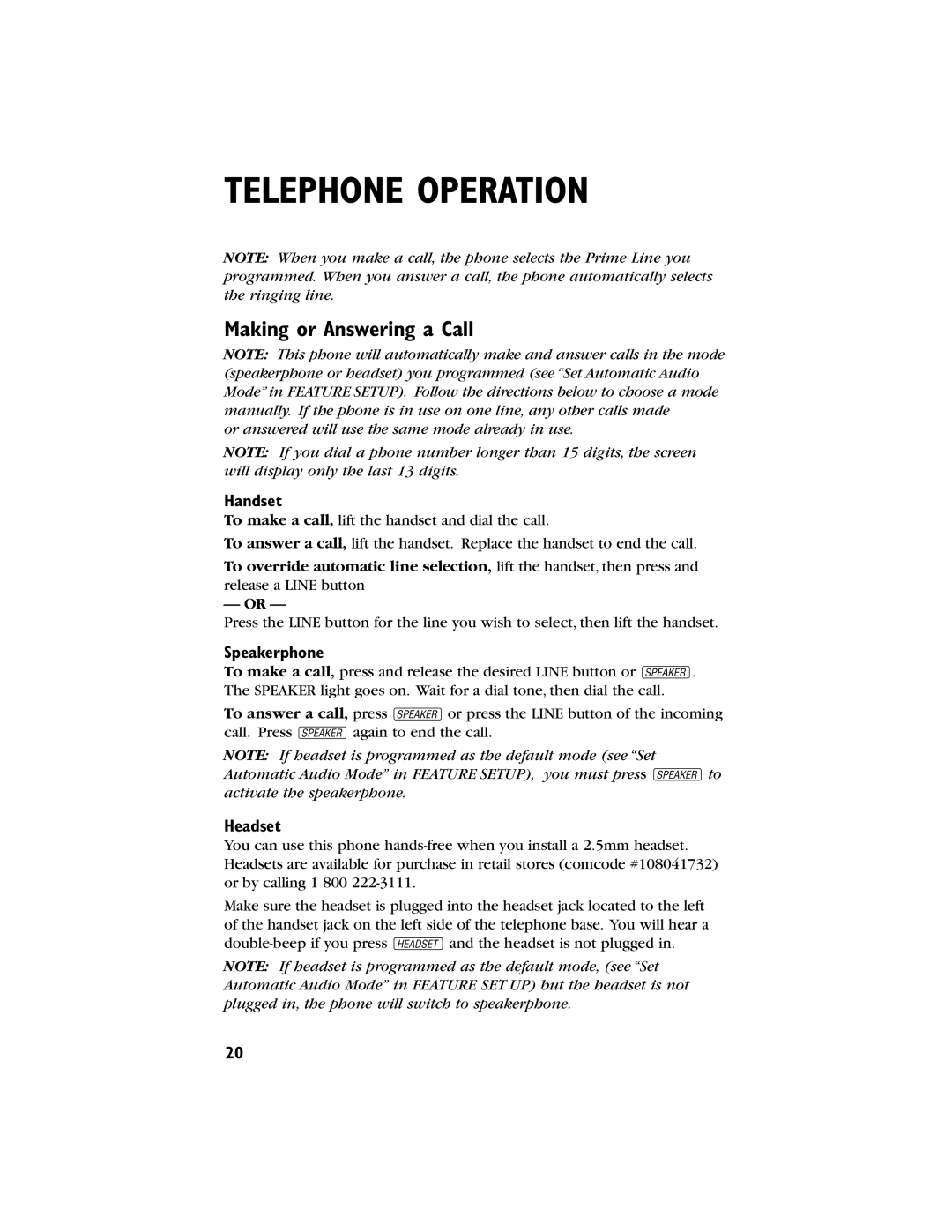 AT&T 944 user manual Telephone Operation, Making or Answering a Call, Handset, Speakerphone, Headset 