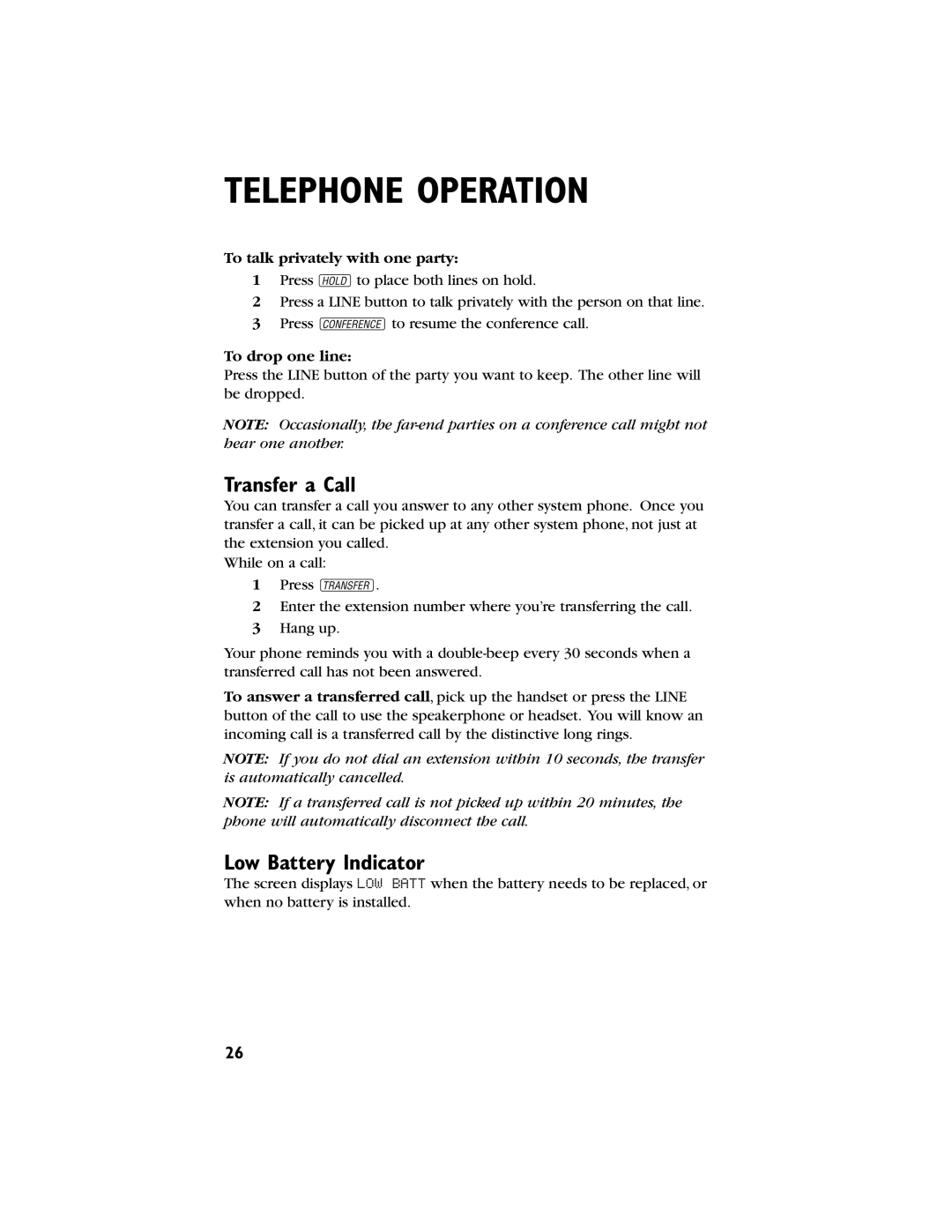 AT&T 944 user manual Transfer a Call, Low Battery Indicator, To talk privately with one party, To drop one line 