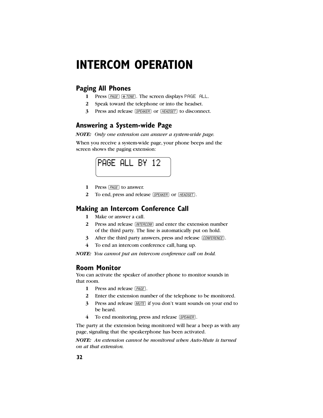 AT&T 944 user manual Paging All Phones, Answering a System-wide, Making an Intercom Conference Call, Room Monitor 