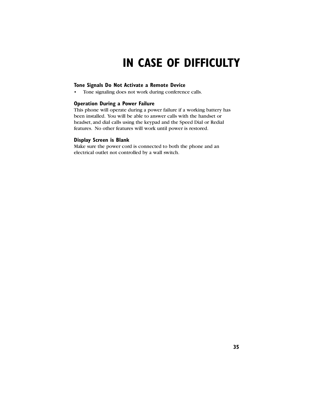 AT&T 944 Tone Signals Do Not Activate a Remote Device, Operation During a Power Failure, Display Screen is Blank 