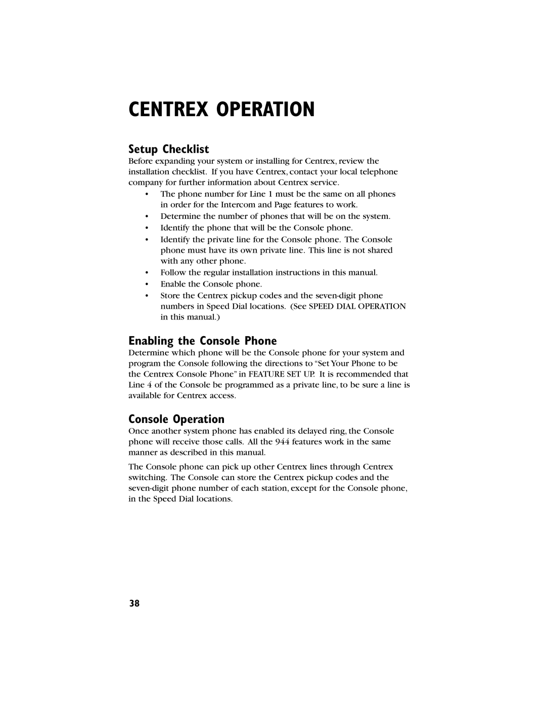 AT&T 944 user manual Centrex Operation, Setup Checklist, Enabling the Console Phone, Console Operation 