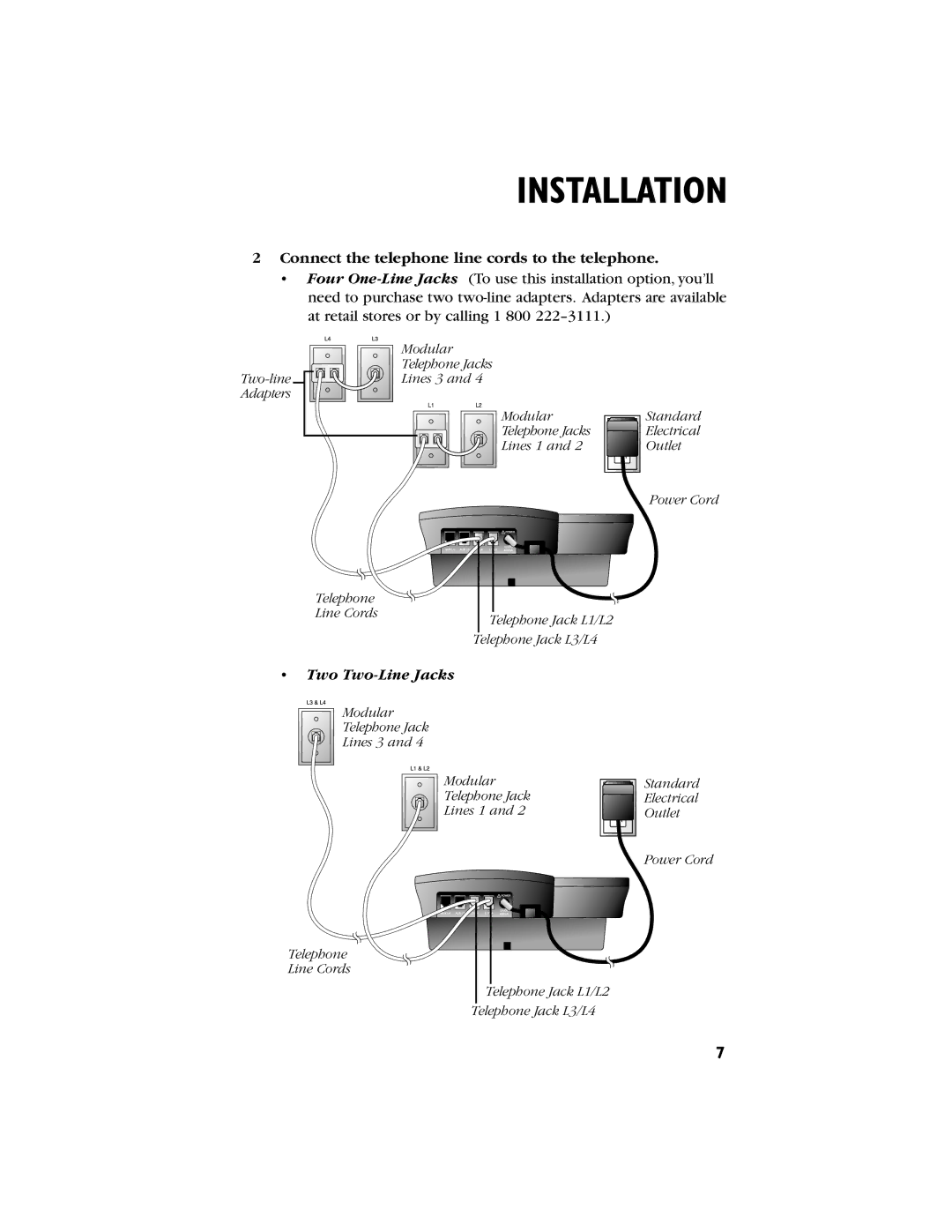 AT&T 944 user manual Connect the telephone line cords to the telephone, Two Two-Line Jacks 