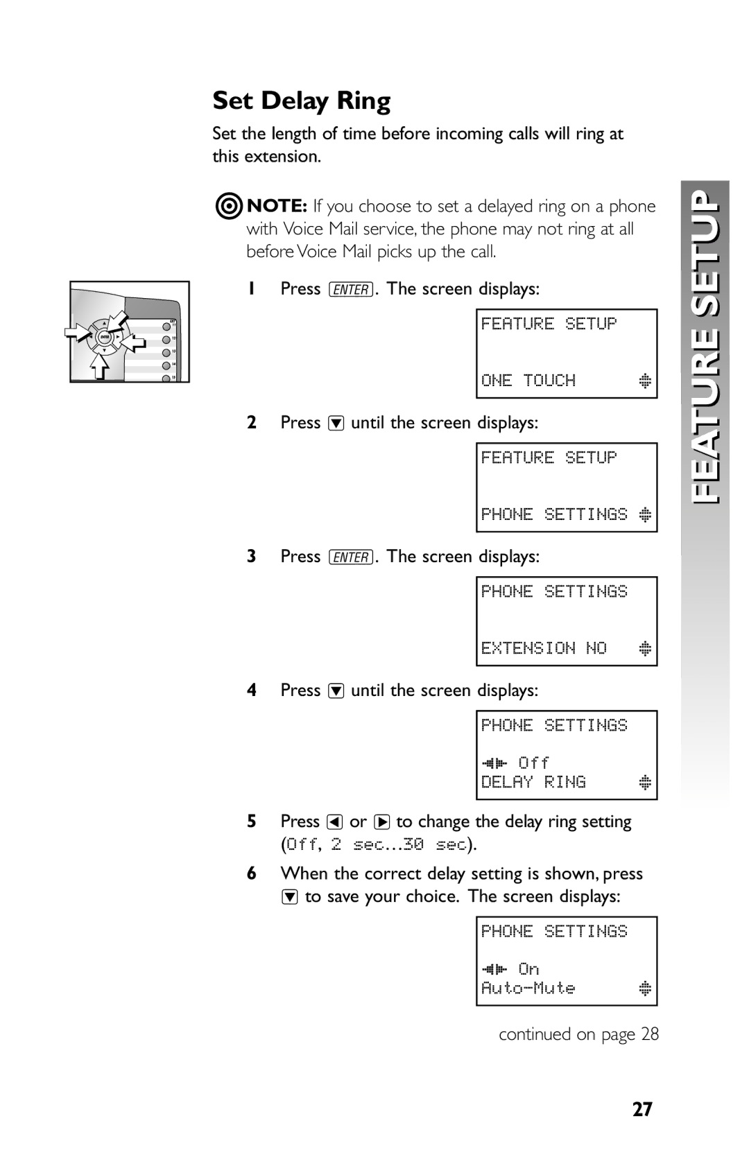 AT&T 945 user manual Set Delay Ring, Press or to change the delay ring setting Off, 2 sec…30 sec 