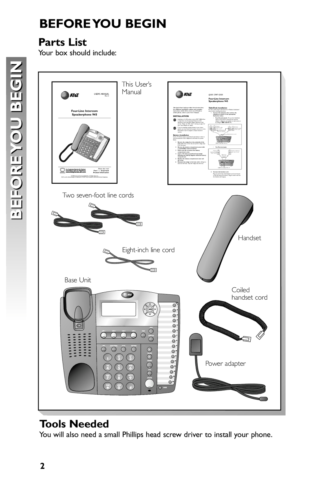 AT&T 945 user manual Before YOU Begin, Parts List, Tools Needed 