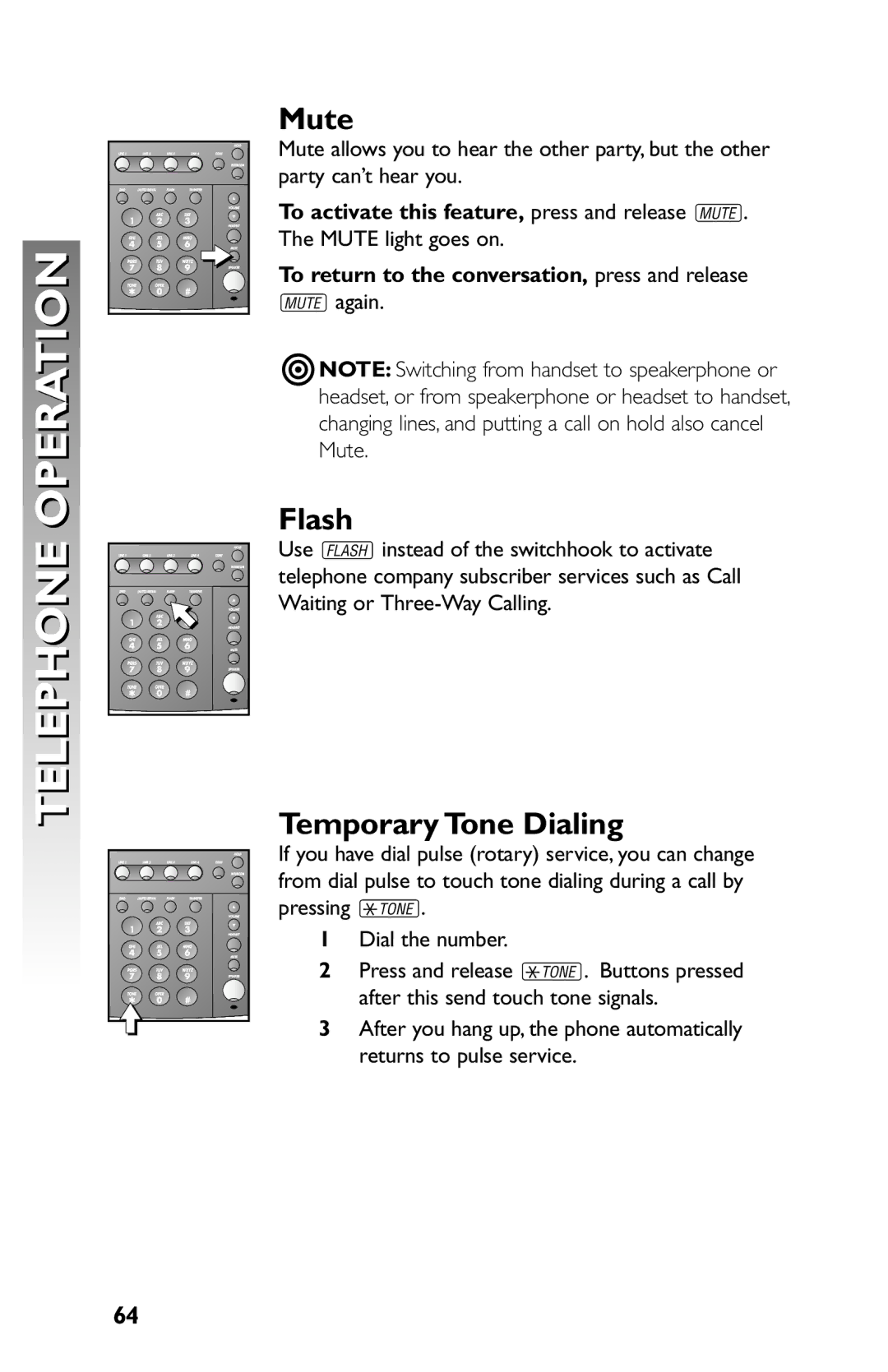 AT&T 945 user manual Mute, Flash, Temporary Tone Dialing, To activate this feature, press and release M 