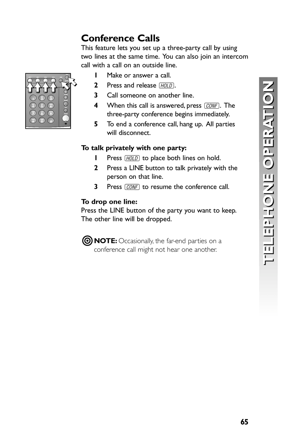 AT&T 945 user manual Conference Calls, To talk privately with one party, To drop one line 