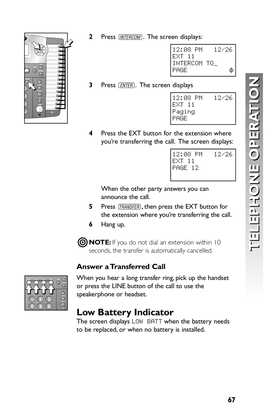 AT&T 945 user manual Low Battery Indicator, Answer a Transferred Call 