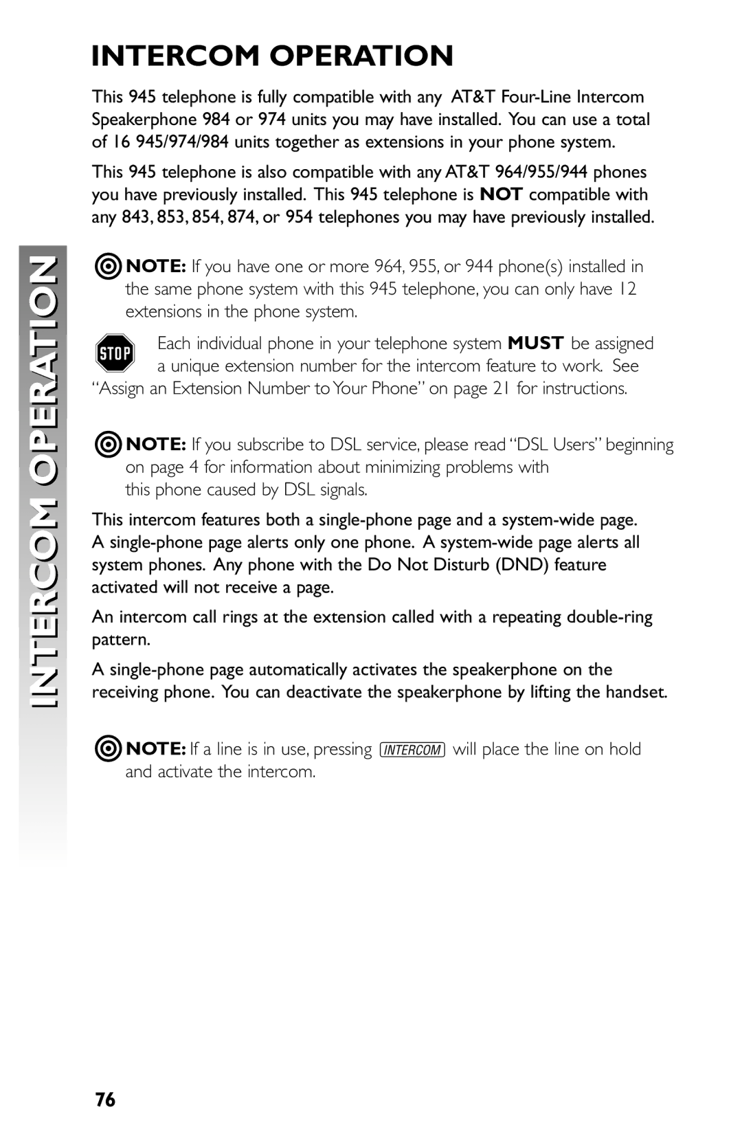 AT&T 945 user manual Intercom Operation 