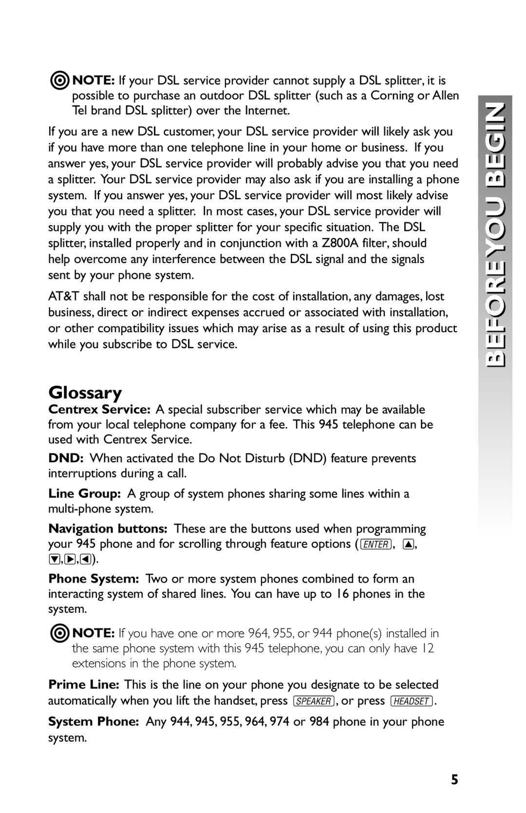 AT&T 945 user manual Glossary 