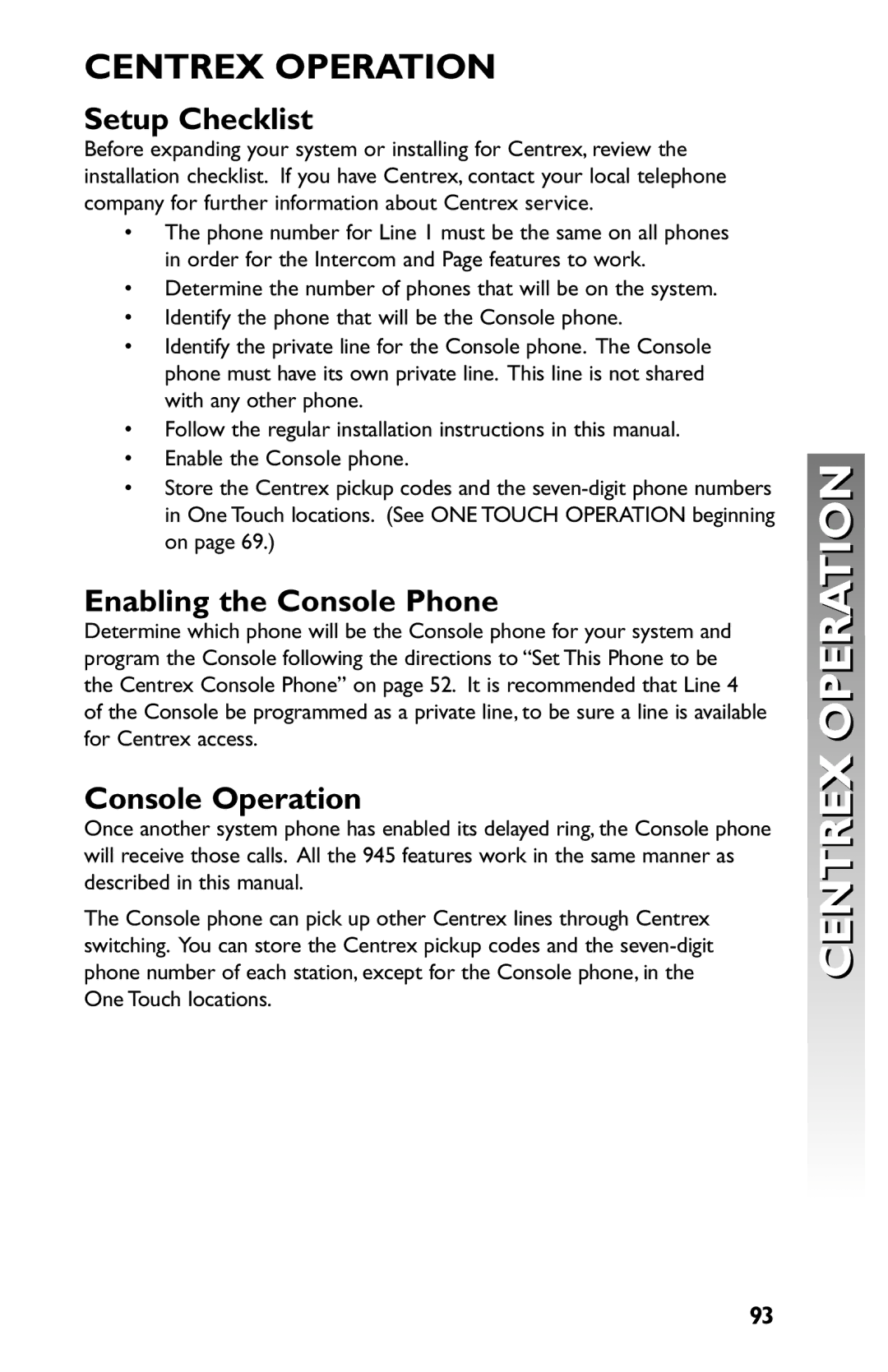 AT&T 945 user manual Centrex Operation, Setup Checklist, Enabling the Console Phone, Console Operation 