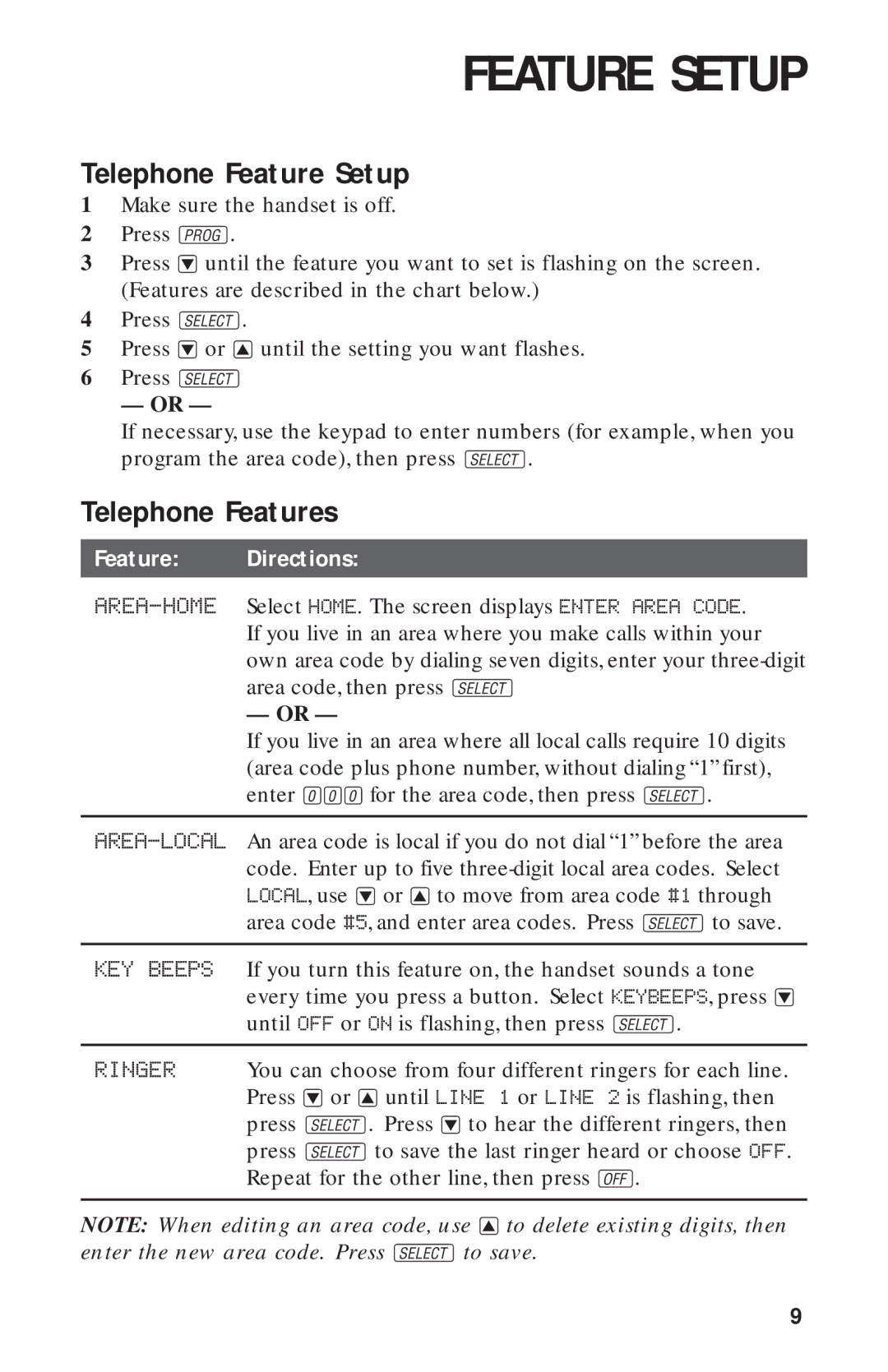 AT&T 9452 user manual Telephone Feature Setup, Telephone Features 