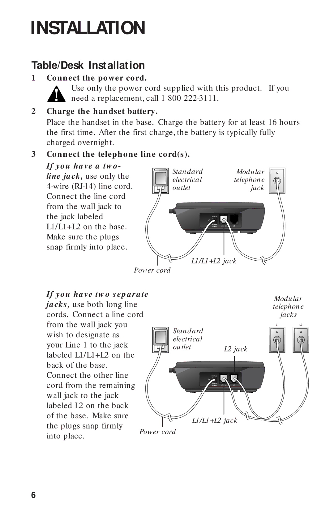 AT&T 9452 Table/Desk Installation, Connect the power cord, Charge the handset battery, Connect the telephone line cords 