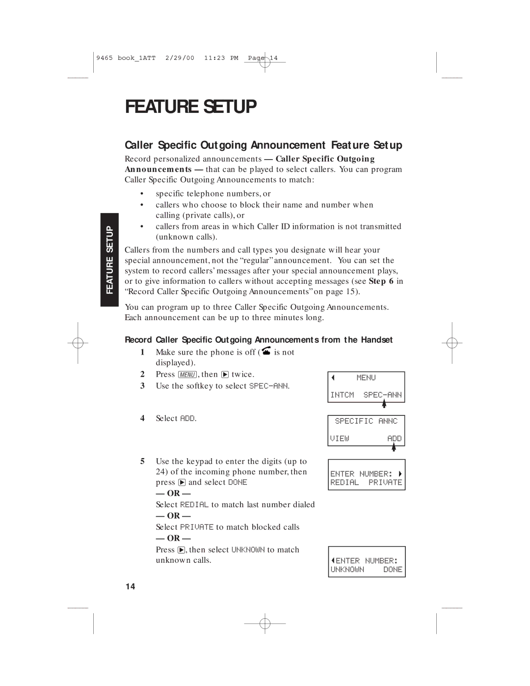 AT&T 9465 manual Caller Specific Outgoing Announcement Feature Setup, Menu Intcm SPEC-ANN Specific Annc View ADD 