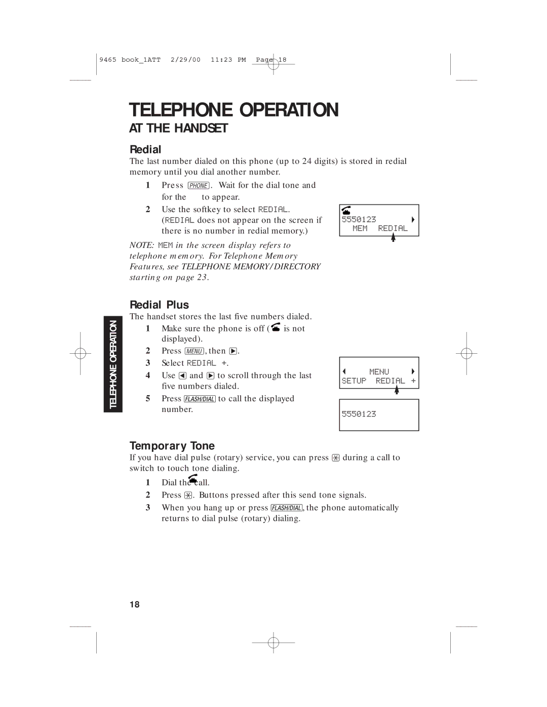 AT&T 9465 manual Redial Plus, Temporary Tone 