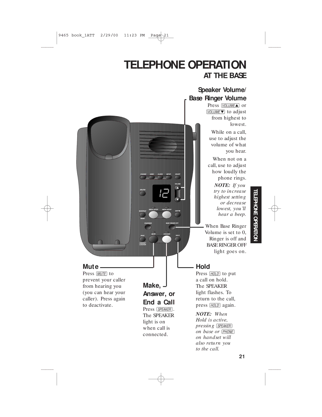 AT&T 9465 manual AT the Base, Speaker Volume Base Ringer Volume 