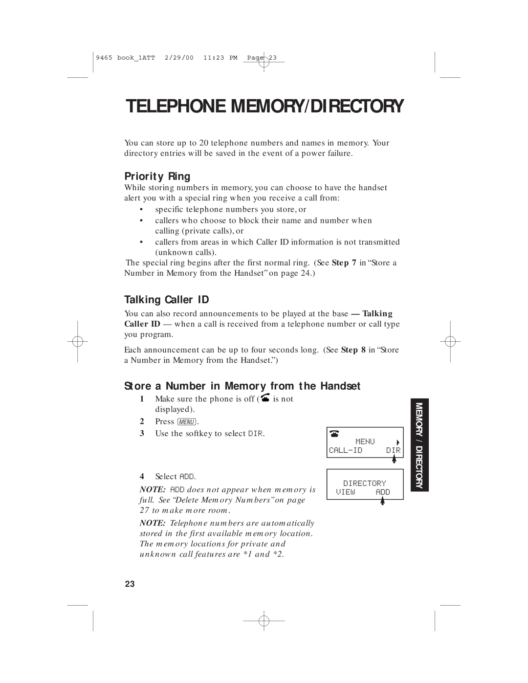 AT&T 9465 manual Telephone MEMORY/DIRECTORY, Priority Ring, Talking Caller ID, Store a Number in Memory from the Handset 