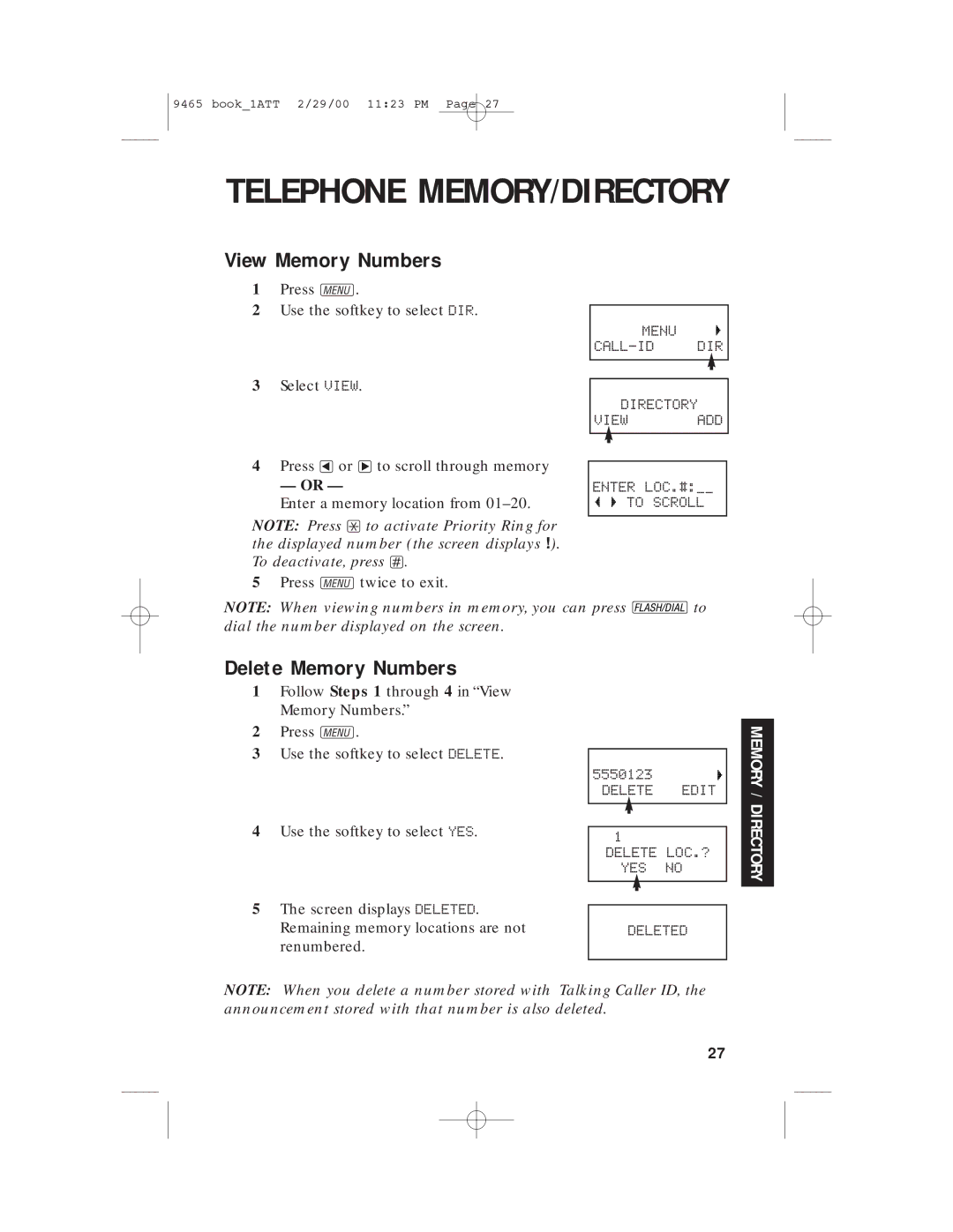 AT&T 9465 manual View Memory Numbers, Delete Memory Numbers 