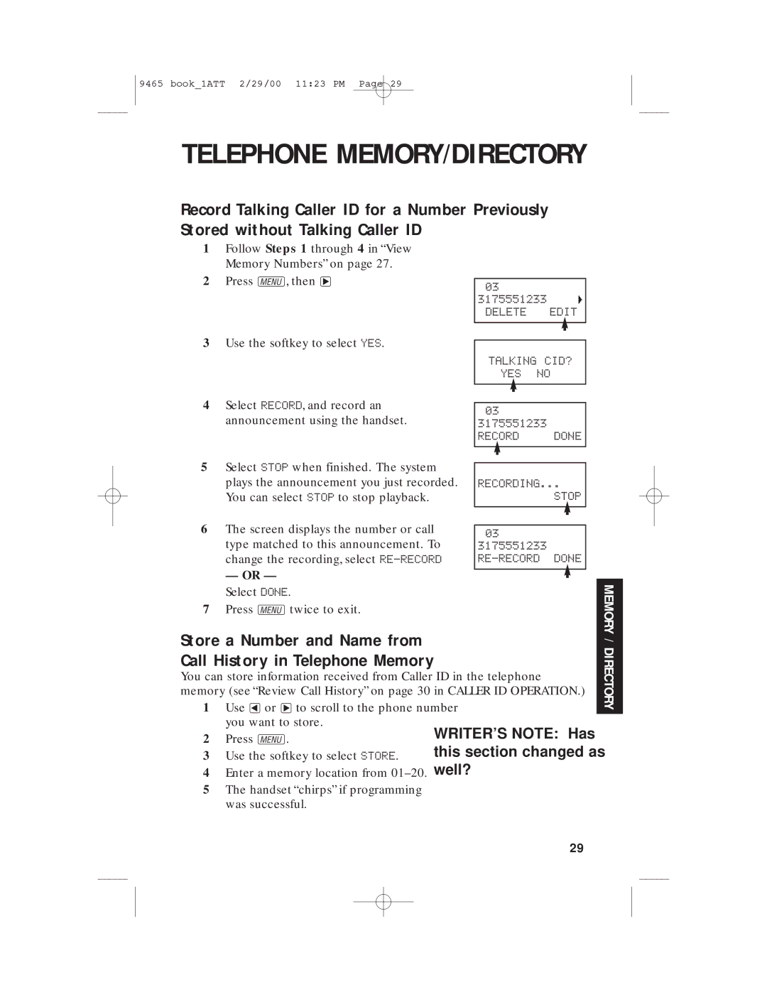 AT&T 9465 manual Call History in Telephone Memory 