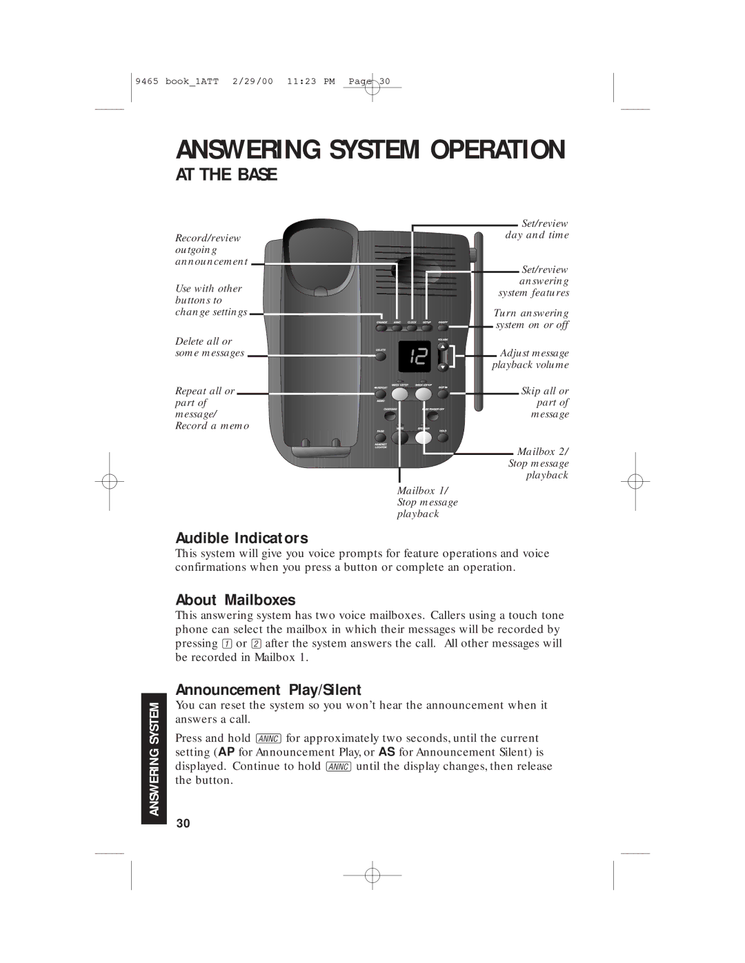 AT&T 9465 manual Answering System Operation, Audible Indicators, About Mailboxes, Announcement Play/Silent 