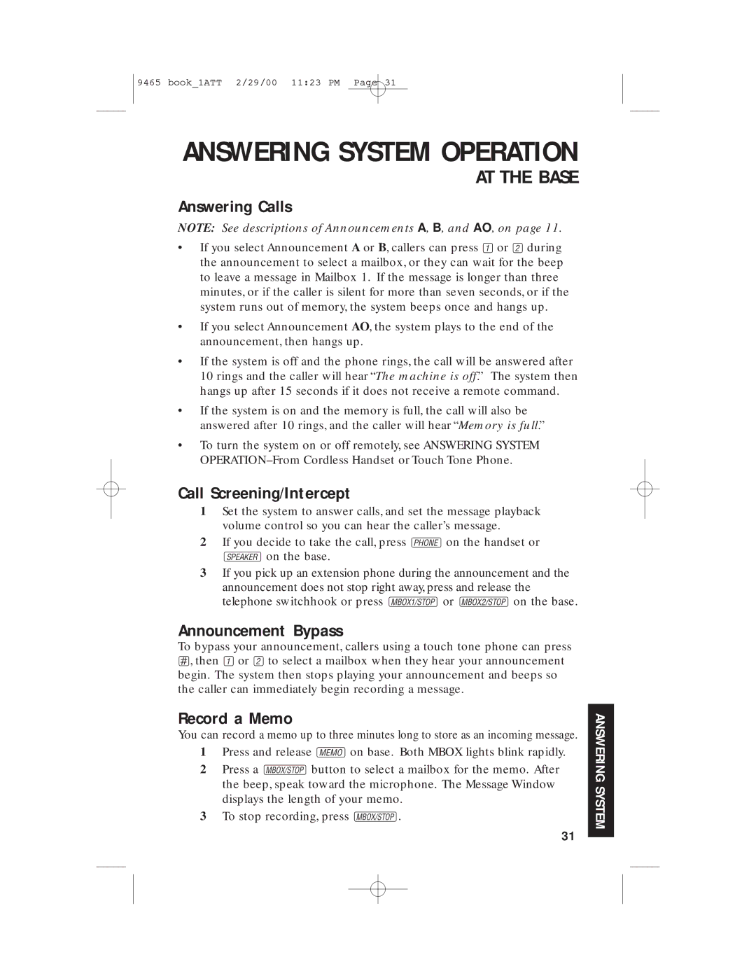 AT&T 9465 manual Answering Calls, Call Screening/Intercept, Announcement Bypass, Record a Memo 