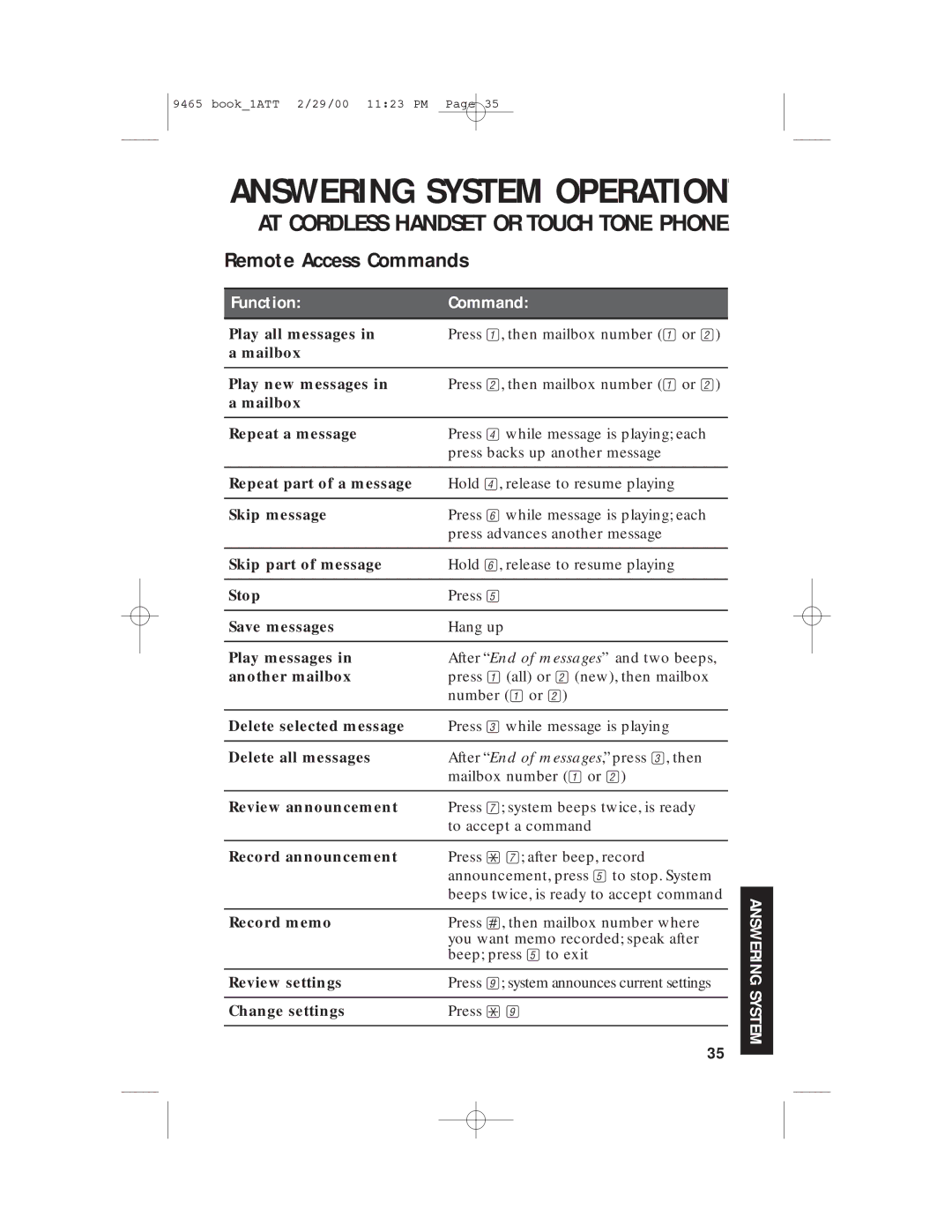 AT&T 9465 manual Remote Access Commands 