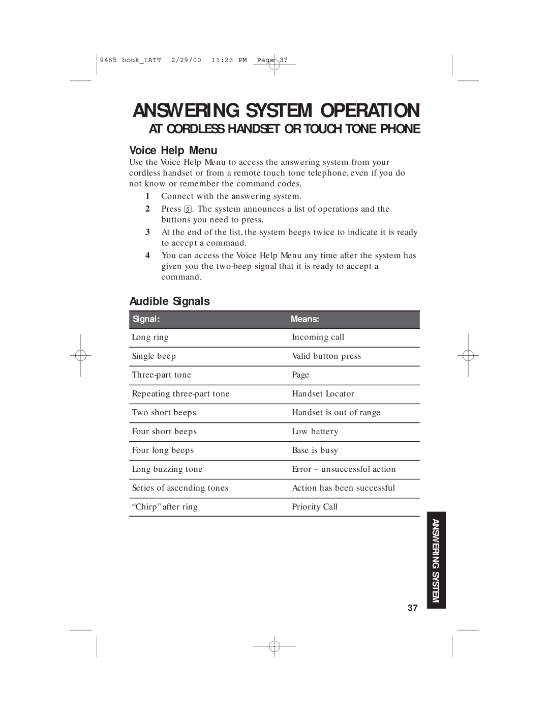 AT&T 9465 manual Voice Help Menu, Audible Signals 