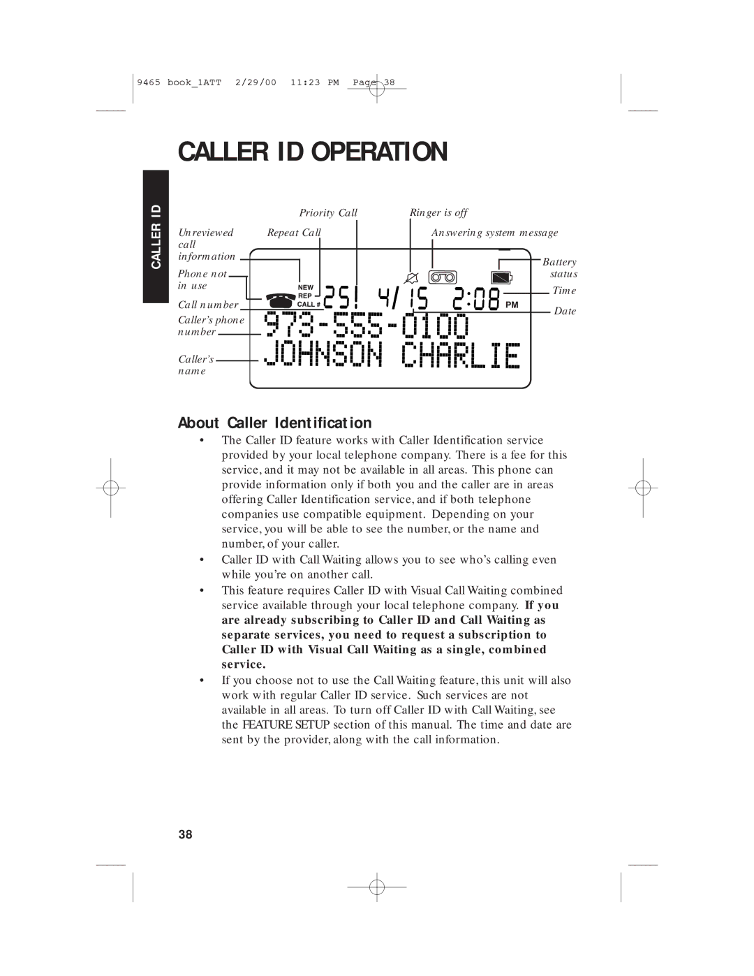 AT&T 9465 manual Caller ID Operation, About Caller Identification 