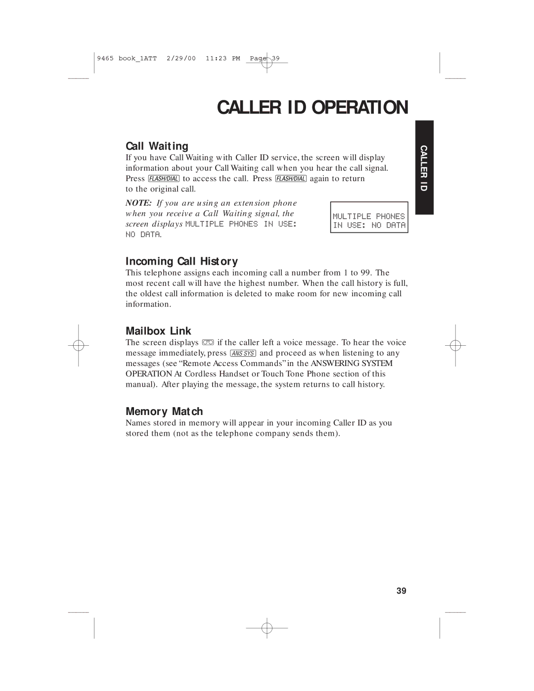 AT&T 9465 manual Call Waiting, Incoming Call History, Mailbox Link, Memory Match 