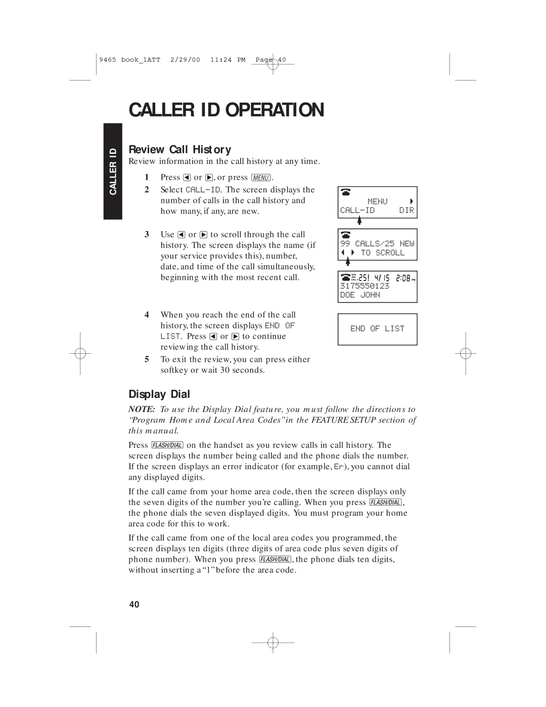 AT&T 9465 manual Review Call History, Display Dial 