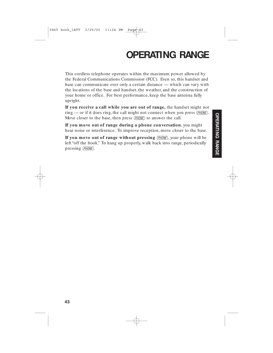 AT&T 9465 manual Operating Range 