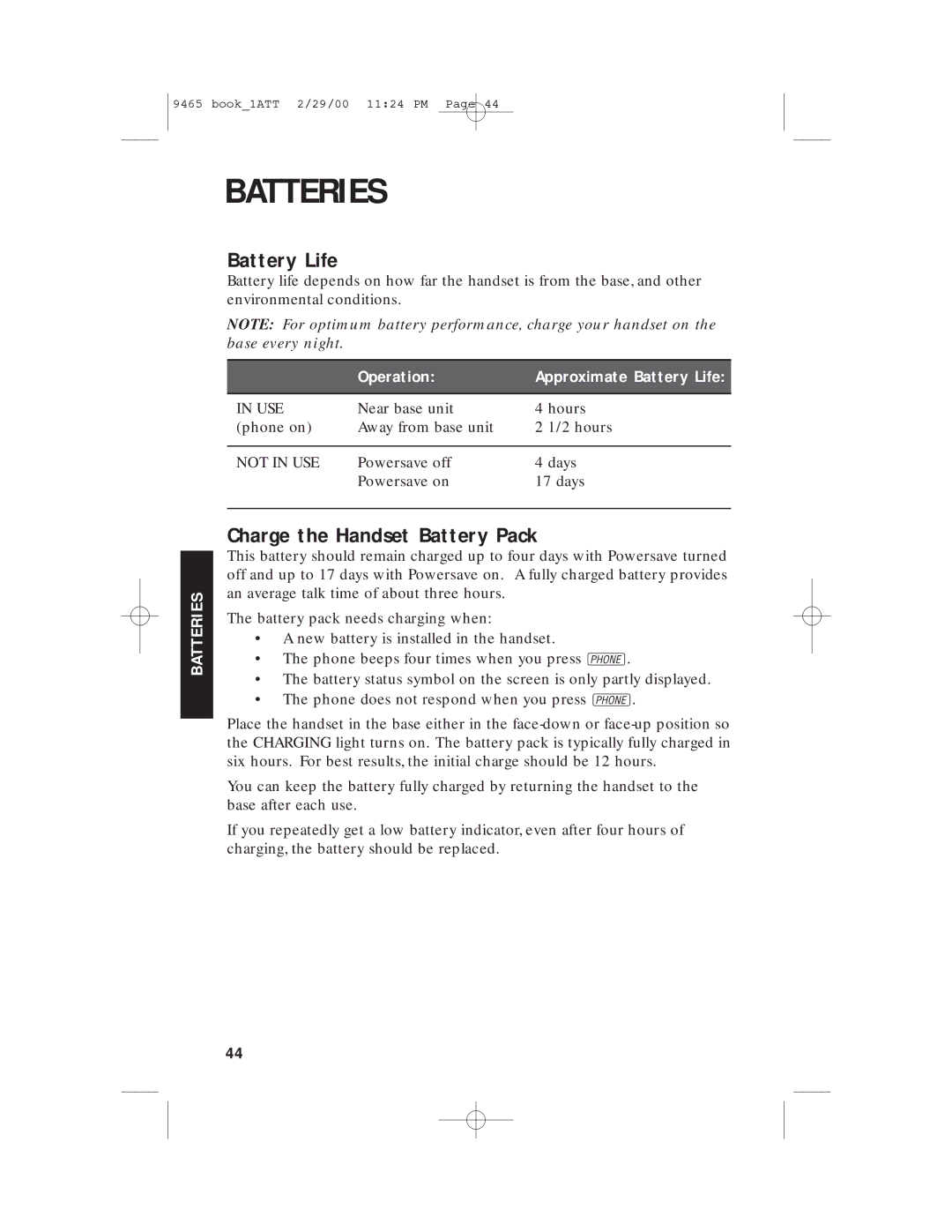 AT&T 9465 manual Batteries, Battery Life, Charge the Handset Battery Pack 