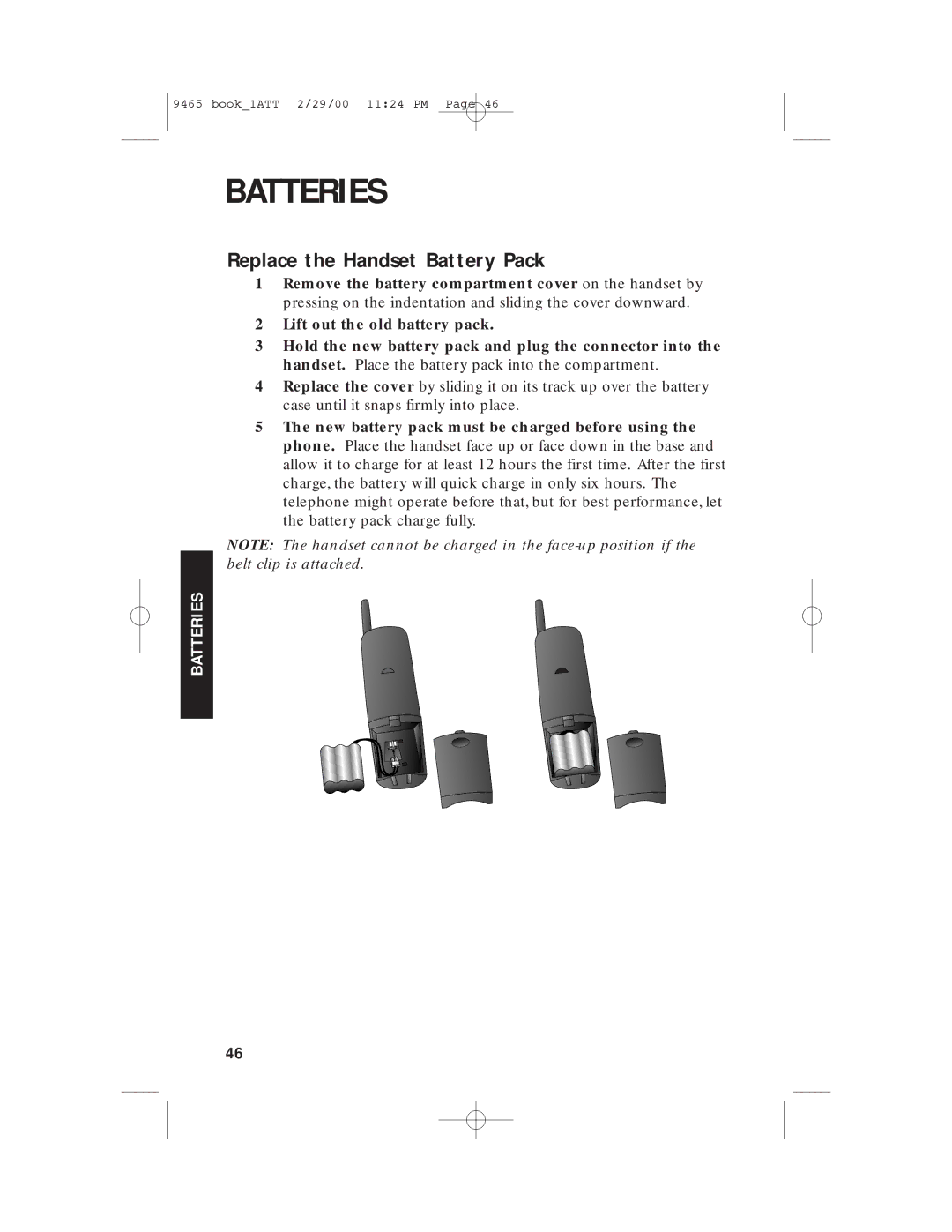 AT&T 9465 manual Replace the Handset Battery Pack 