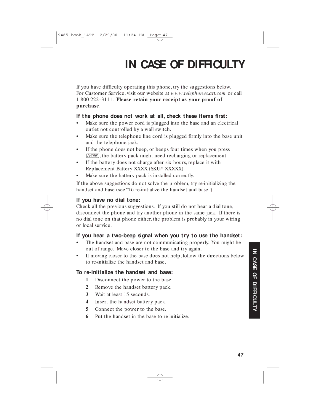 AT&T 9465 manual Case of Difficulty, If the phone does not work at all, check these items first, If you have no dial tone 