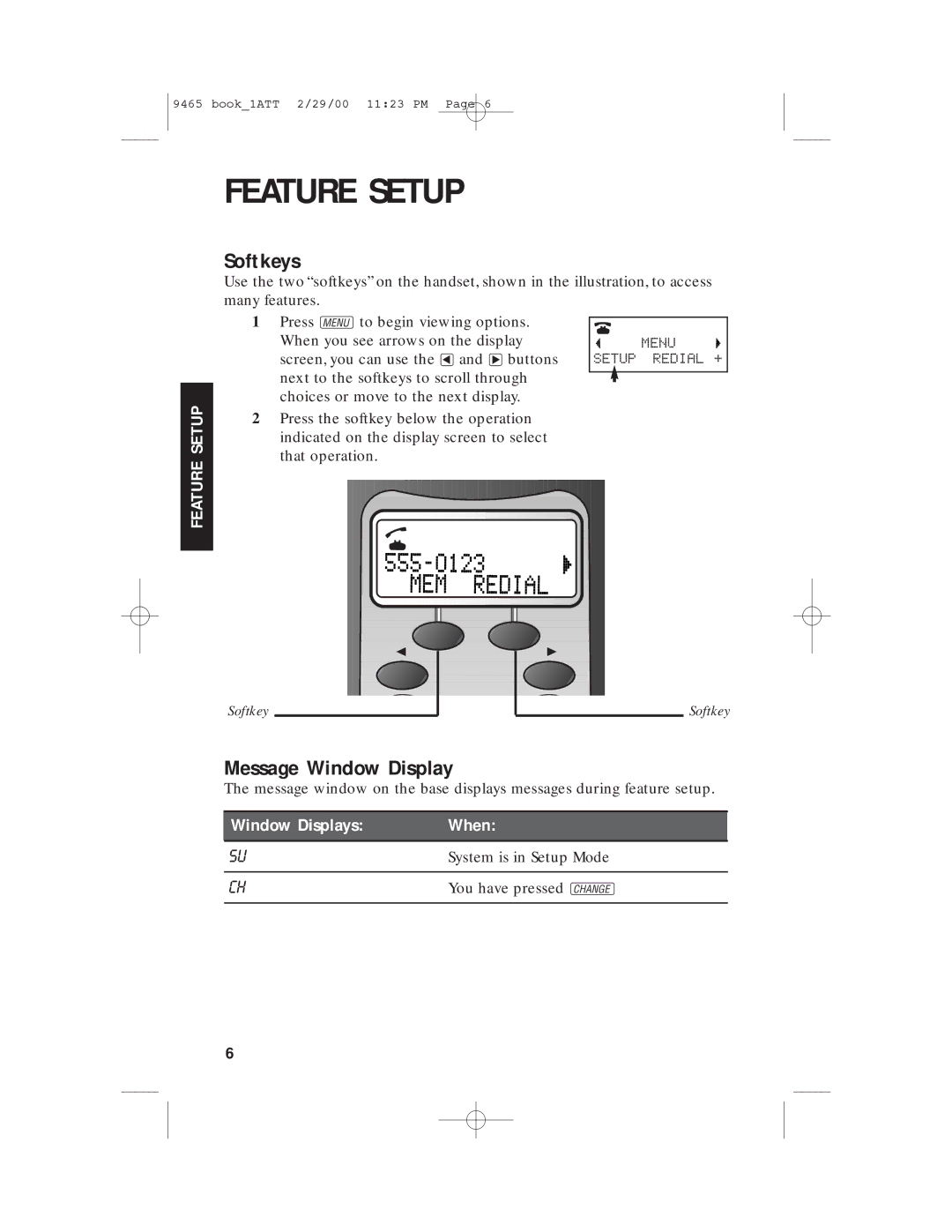 AT&T 9465 manual Feature Setup, Softkeys, Message Window Display 