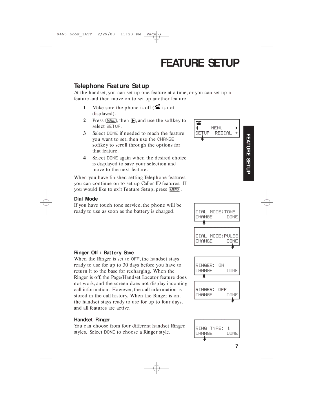 AT&T 9465 manual Telephone Feature Setup, Dial Mode, Ringer Off / Battery Save, Handset Ringer 