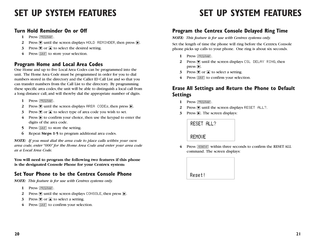 AT&T 955 Turn Hold Reminder On or Off, Program Home and Local Area Codes, Set Your Phone to be the Centrex Console Phone 