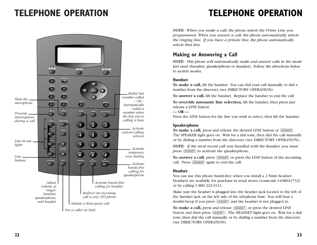 AT&T 955 user manual Telephone Operation, Making or Answering a Call, Handset, Speakerphone, Headset 