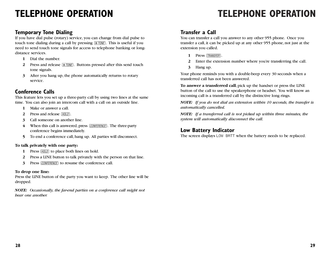 AT&T 955 user manual Temporary Tone Dialing, Conference Calls, Transfer a Call, Low Battery Indicator 