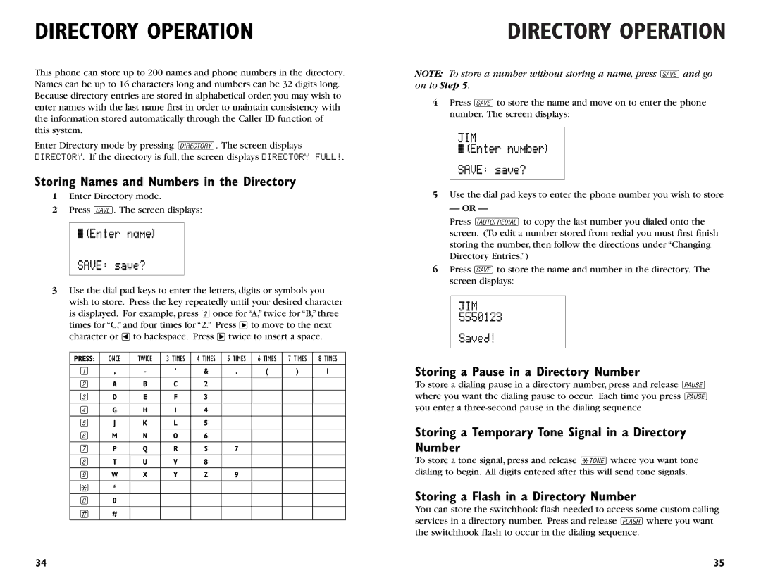 AT&T 955 user manual Directory Operation, Storing Names and Numbers in the Directory, Storing a Pause in a Directory Number 