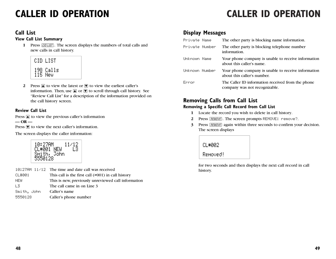 AT&T 955 user manual Display Messages, Removing Calls from Call List 