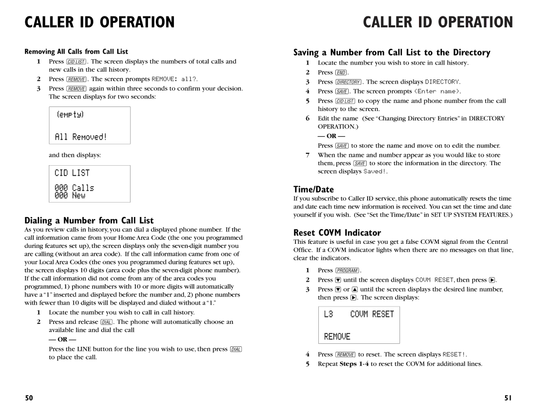 AT&T 955 Dialing a Number from Call List, Saving a Number from Call List to the Directory, Time/Date, Reset Covm Indicator 