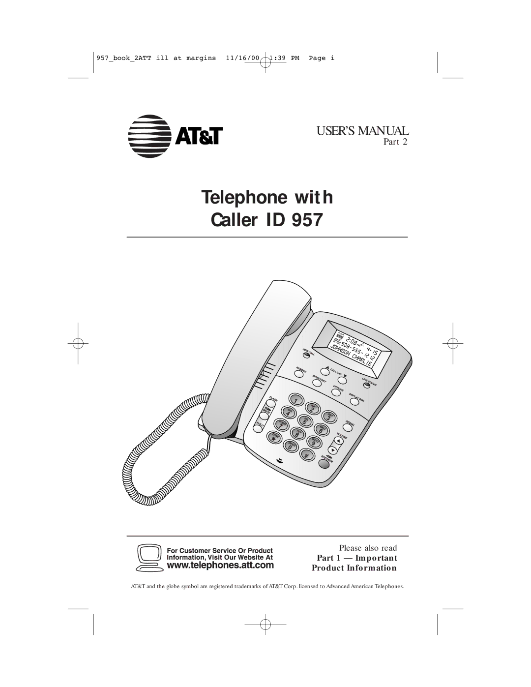 AT&T 957 user manual Telephone with Caller ID, Part 1 Important Product Information 