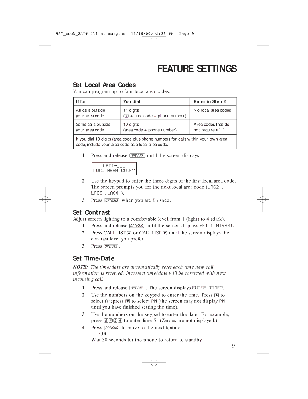 AT&T 957 user manual Set Local Area Codes, Set Contrast, Set Time/Date, Locl Area CODE?, LAC3Ð, LAC4Ð 