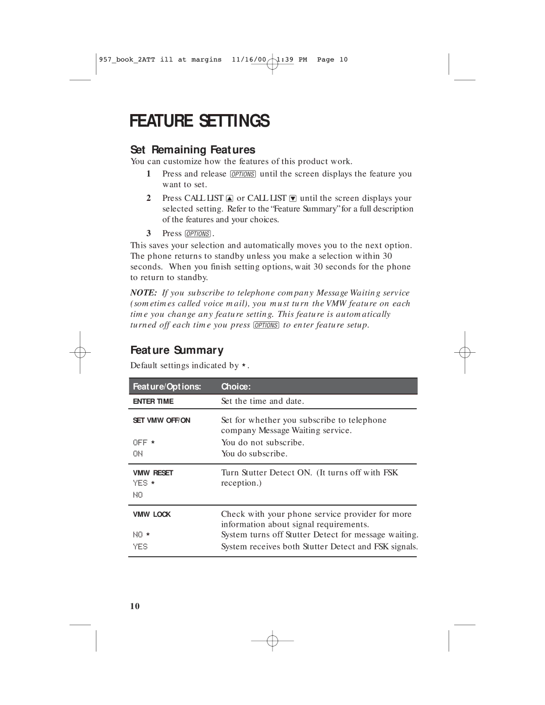 AT&T 957 user manual Set Remaining Features, Feature Summary, Off, Yes 