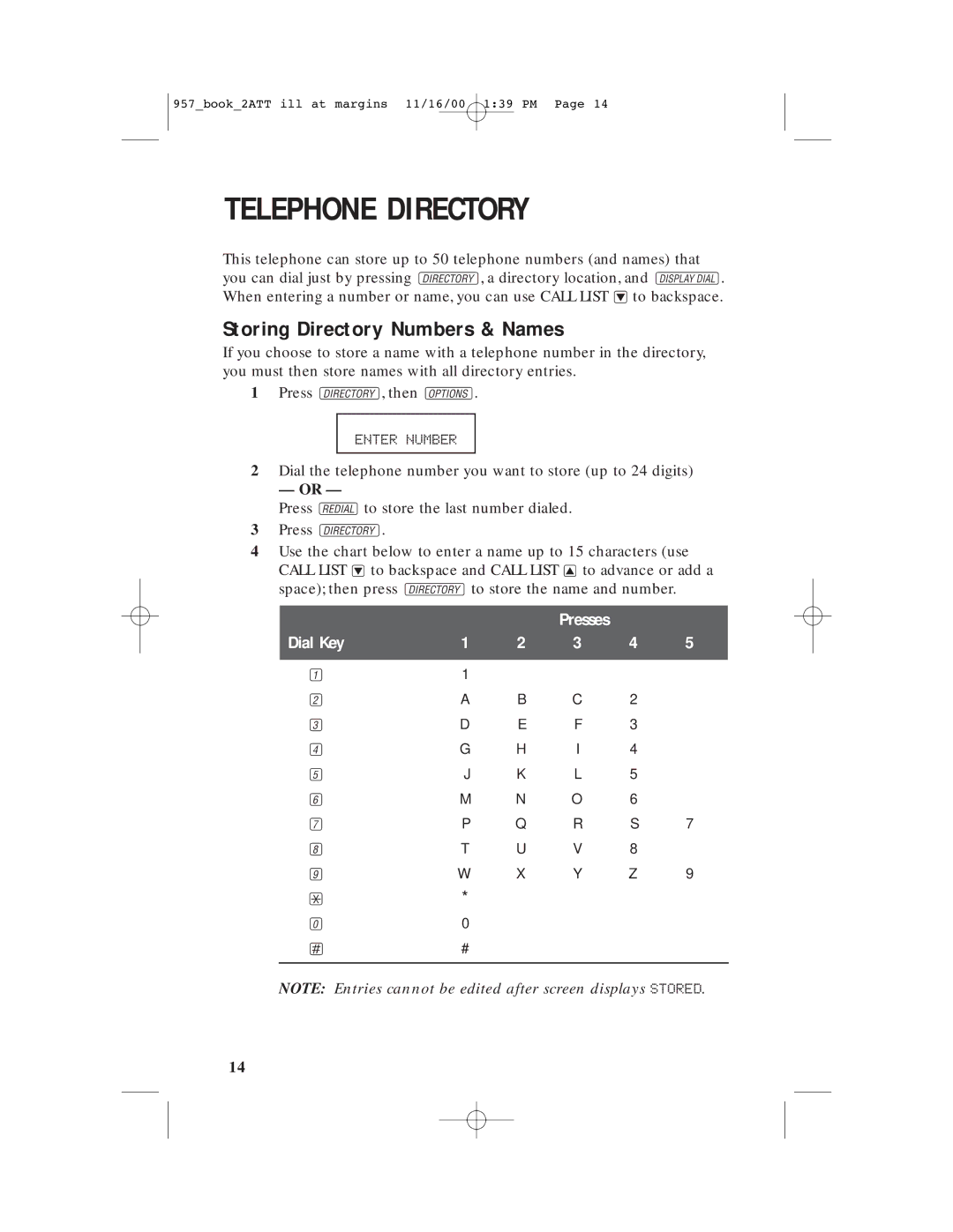 AT&T 957 user manual Telephone Directory, Storing Directory Numbers & Names, Enter Number 