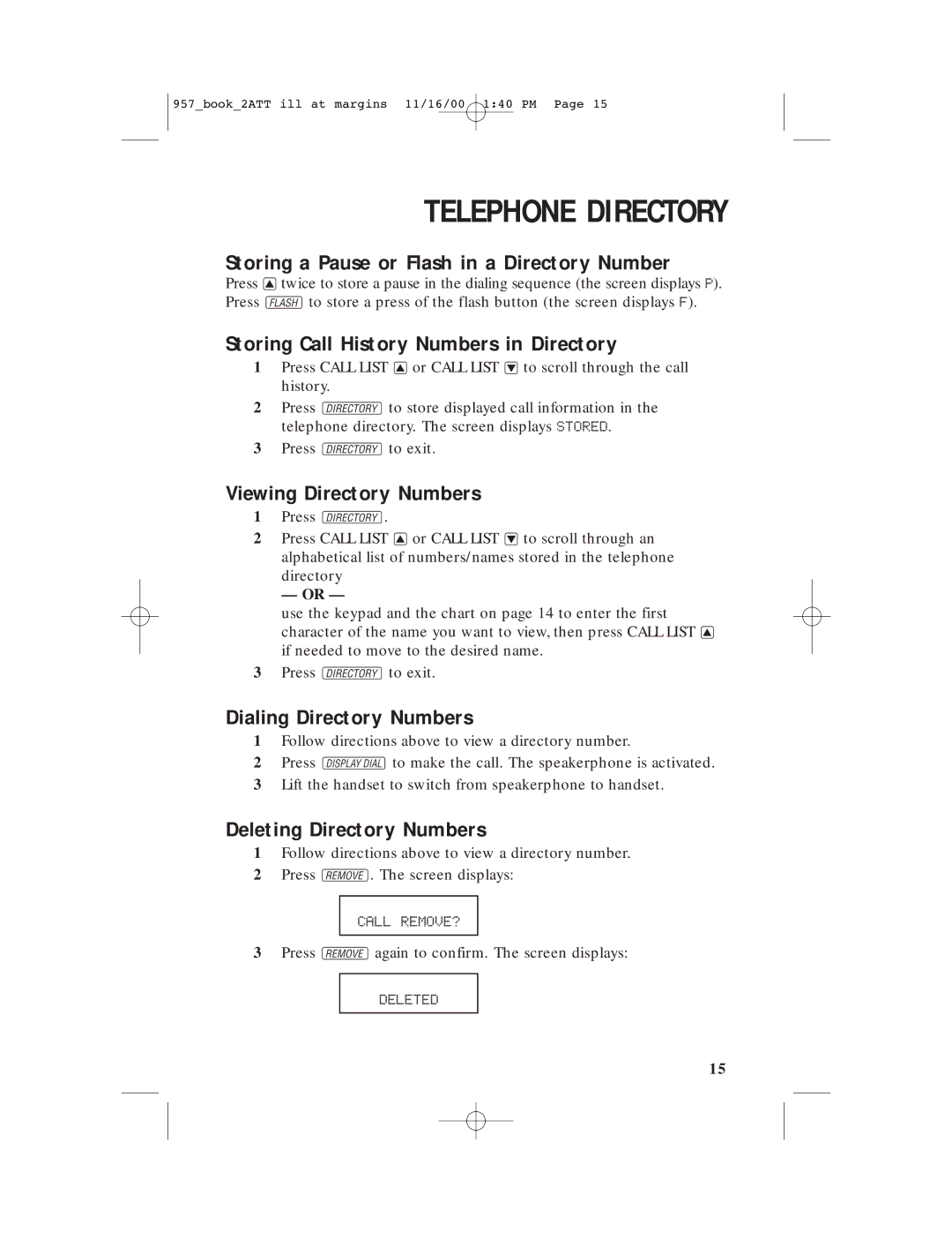 AT&T 957 user manual Storing a Pause or Flash in a Directory Number, Storing Call History Numbers in Directory 